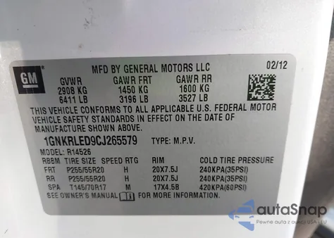 2012 Chevrolet Traverse Ltz из США, поврежденный, VIN 1GNKRLED9CJ265579